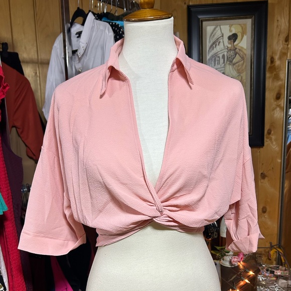Pink Quarter Sleeve Twist Front Crop Top NWT Size Large - Picture 6 of 8